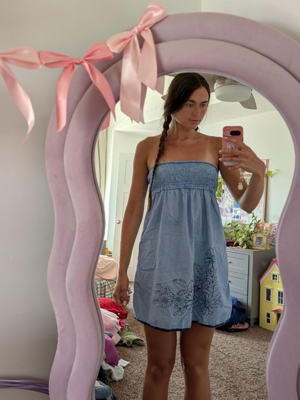 Light Blue Strapless Smocked Floral Dress Size Large